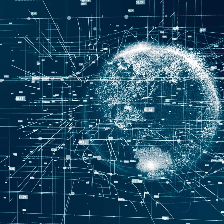 Abstrakte Darstellung einer digitalen Weltkugel mit Datenpunkten, Linien und Zahlen – symbolisiert globale Vernetzung und künstliche Intelligenz.