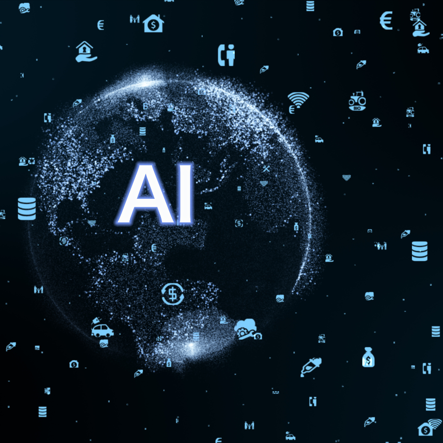 Digitale Weltkarte mit leuchtendem „AI“-Schriftzug im Zentrum, umgeben von verstreuten Symbolen zu Technik, Finanzen, Kommunikation und Datenverarbeitung – symbolisiert den globalen Einfluss künstlicher Intelligenz.