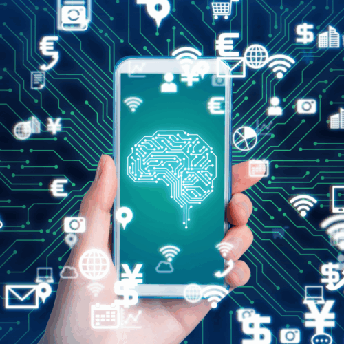 Smartphone mit KI-Symbol vor einem digitalen Netzwerk aus Icons und Währungssymbolen.