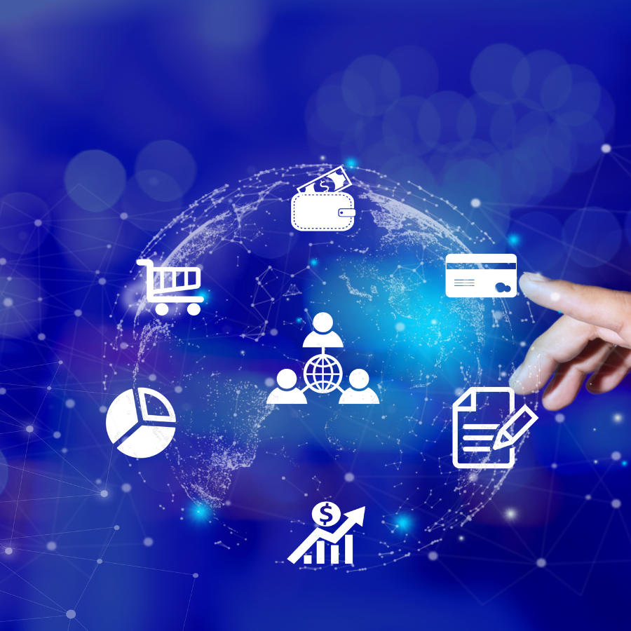 Digitale Darstellung einer Weltkugel mit vernetzten Symbolen rund um E-Commerce, Marketing und Finanzen – symbolisiert globale digitale Geschäftsstrategien und den Einsatz von KI im Online-Marketing.